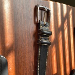 Mens black leather belt with silver buckle. Size 36